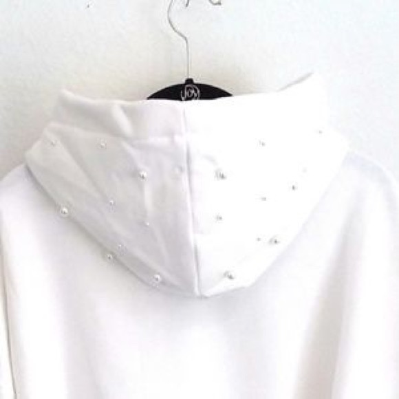 Pearl Studded Hooded Sweatshirt Fleece Lined White - Picture 3 of 4